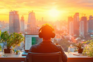 © nunoi - stock.adobe.com Foto: Mann mit Laptop und Skyline